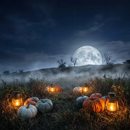 Pumpkins and Lanterns Under Full Moon