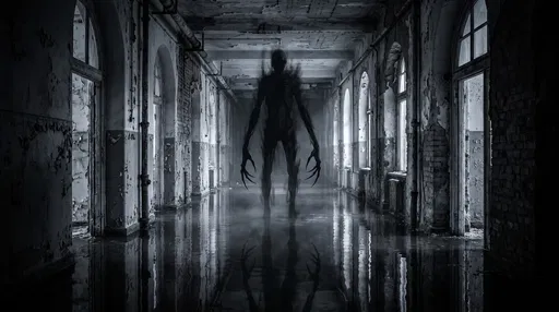 Shadow Creature in Flooded Asylum Hallway