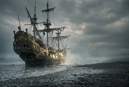 Weathered Golden Ghost Galleon on Misty Beach