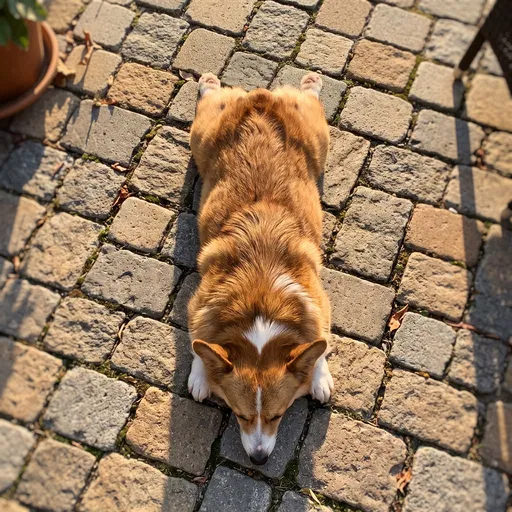 Corgi Splooting on Sunlit Cobblestone Patio