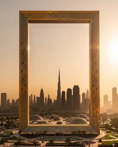 Golden Dubai Frame Backlit At Sunset