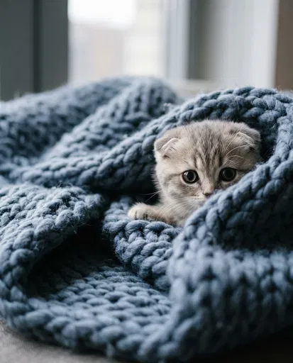 Scottish Fold Kitten in Blue Knit Blanket