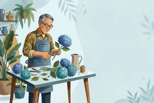 Senior Florist Trimming Blue Hydrangeas Illustration