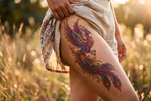 Vibrant Phoenix Tattoo on Woman Thigh