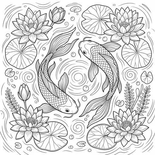 Koi Fish and Lotus Coloring Page