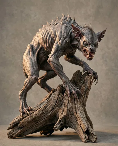 Snarling Chupacabra Creature on Driftwood Stump