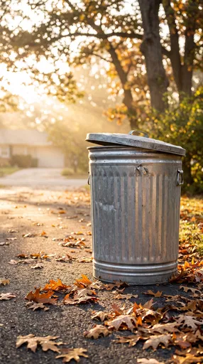 Galvanized Trash Can on Autumn Driveway