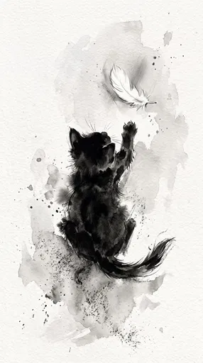 Watercolor Black Kitten Reaching for Feather