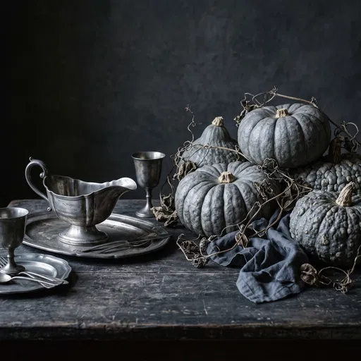 Moody Still Life of Pewter and Squash