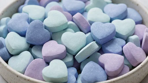 Cool Pastel Candy Hearts in Ceramic Bowl
