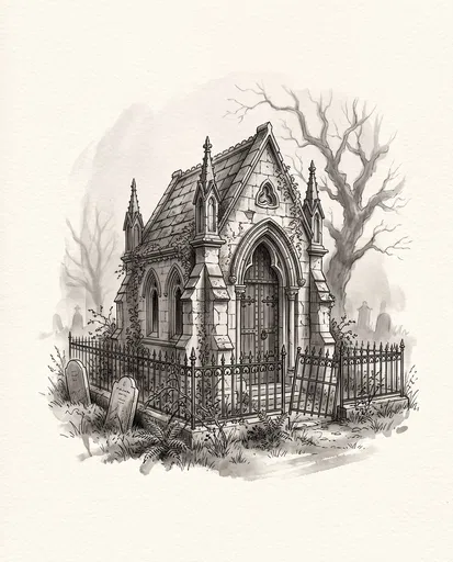 Victorian Gothic Mausoleum Ink Illustration