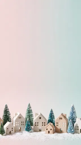 Miniature Ceramic Winter Village on Pastel Background