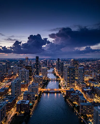 Aerial Twilight Cityscape with Winding River