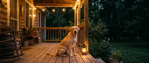 Yellow Labrador on Warmly Lit Porch