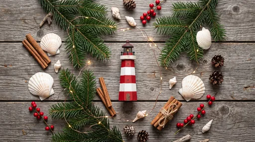Coastal Christmas Lighthouse Flat Lay