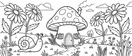 Mushroom Cottage and Snail Coloring Page