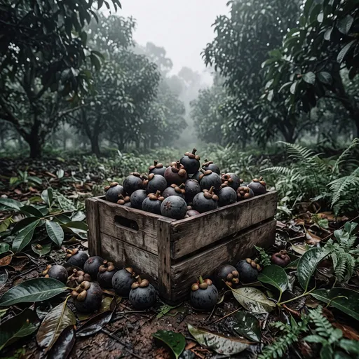 Crate of Mangosteens in Misty Orchard