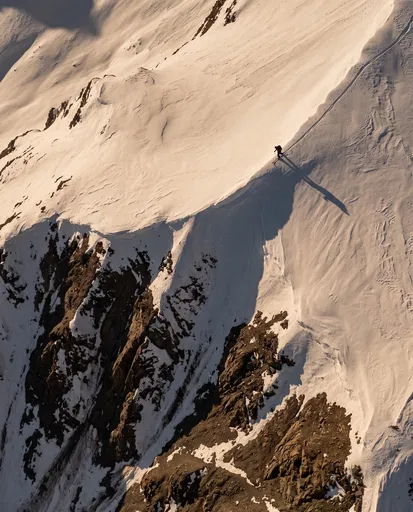 Aerial View of Skier on Mountain Ridge