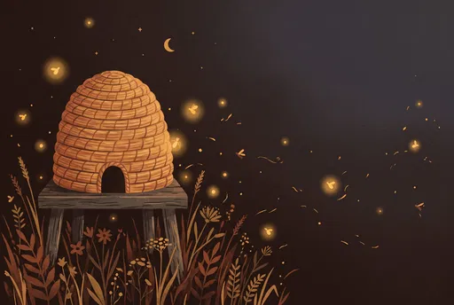 Woven Skep Beehive at Night Illustration