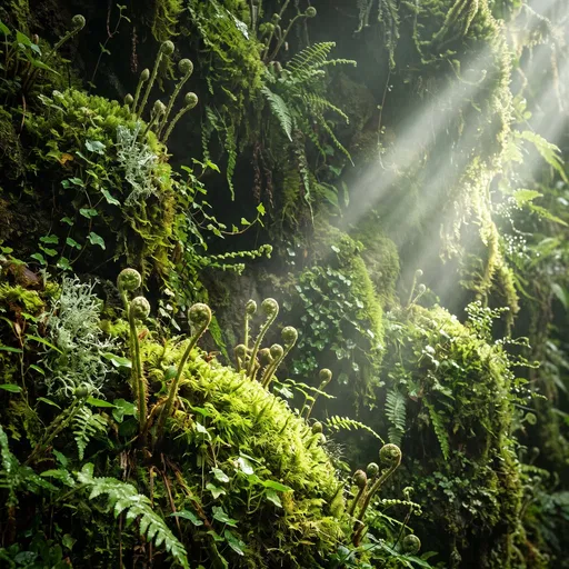 Sunlit Mossy Forest Wall with Ferns