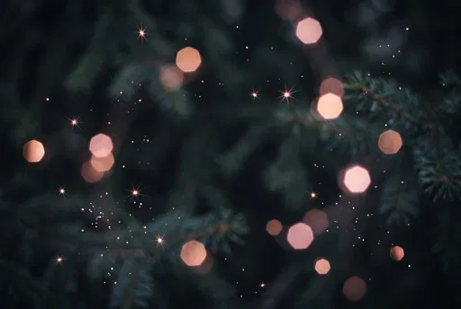 Rose Gold Bokeh on Dark Evergreen Branches