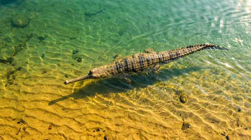 Gharial Swimming in Clear Shallow River