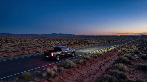 Pickup Truck Driving Desert Highway at Twilight
