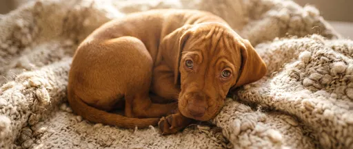 Vizsla Puppy Curled on Wool Blanket