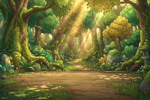 Sunlit Cel-Shaded Enchanted Forest Path