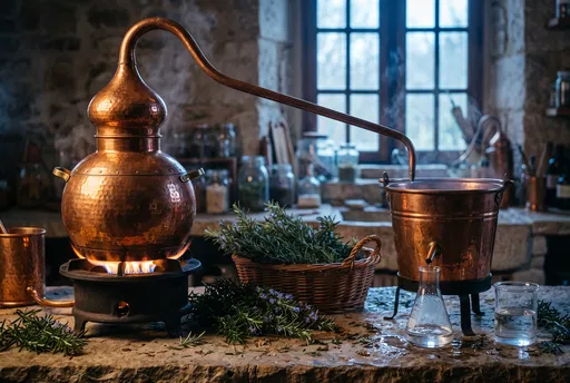 Copper Alembic Still Distilling Fresh Rosemary