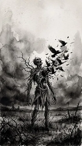 Skeletal Effigy With Erupting Crows Illustration