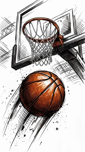 Basketball Soaring Toward Hoop Ink Illustration