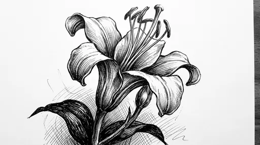 Black Ink Cross-Hatched Lily Flower Sketch