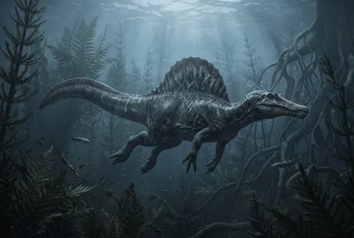 Spinosaurus Swimming in Underwater Prehistoric Forest