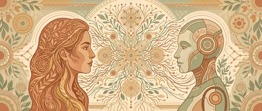 Human and Robot Profile Mandala Illustration