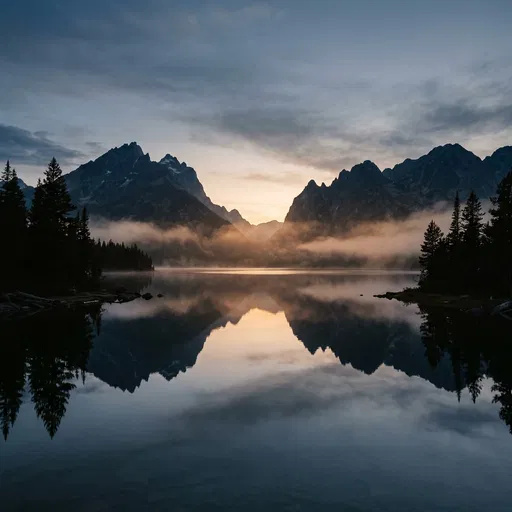 Misty Mountain Lake Reflection at Dusk