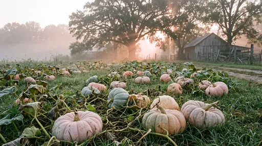 Misty Heirloom Pumpkin Patch at Dawn