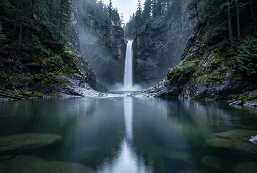 Misty Canyon Waterfall and Calm Pool