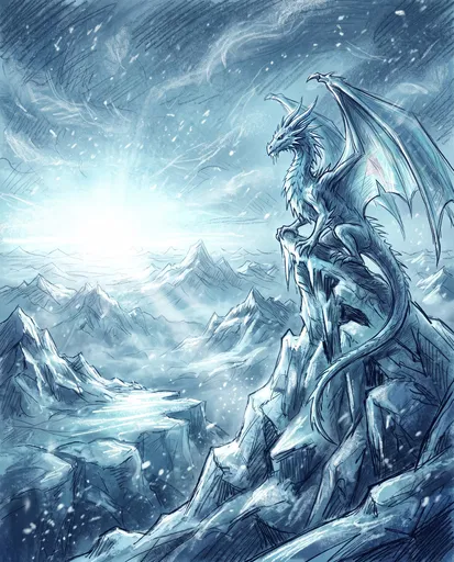 Ice Dragon Perched on Frozen Mountain Peak