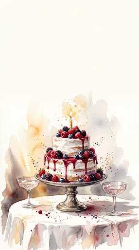 Watercolor Tiered Berry Birthday Cake Illustration