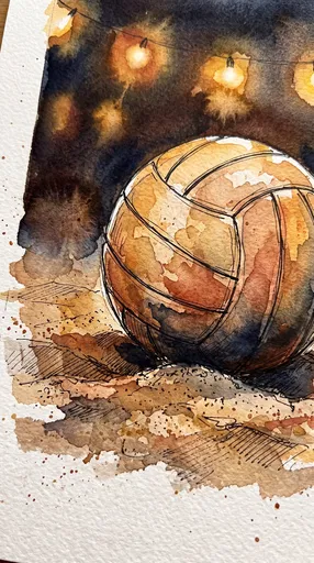 Watercolor Volleyball on Sand at Night
