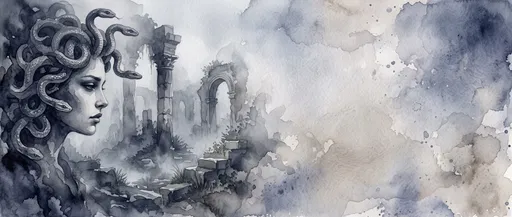 Watercolor Medusa Profile With Ancient Ruins Banner