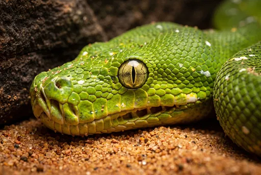 Macro Close-Up of Green Snake on Sand