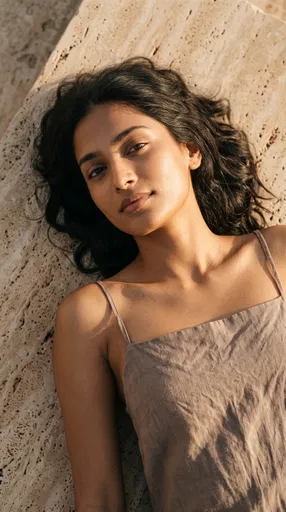 Woman Resting on Travertine Stone in Sunlight