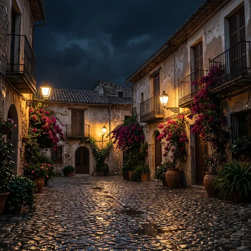 Rainy Spanish Cobblestone Courtyard at Night