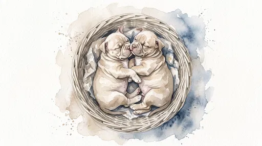 Watercolor Sleeping Puppies in Woven Basket