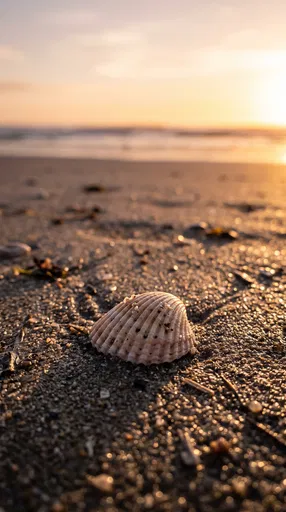 Ribbed Seashell on Sand at Sunset