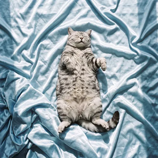 Silver Tabby Cat Sleeping on Blue Satin