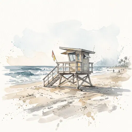 Watercolor Lifeguard Tower on Coastal Beach