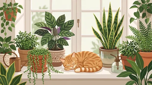 Sleeping Ginger Cat on Plant-Filled Windowsill